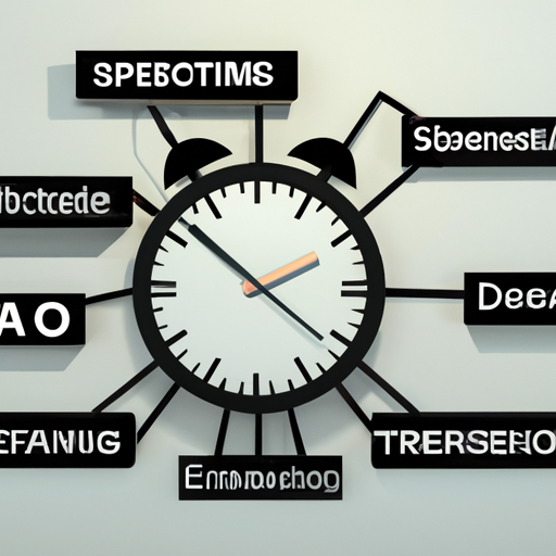 שעון עם מילות מפתח ואייקוני אתרים המקיפים אותו, המייצגים את מסגרות הזמן המשתנות להצלחת SEO.