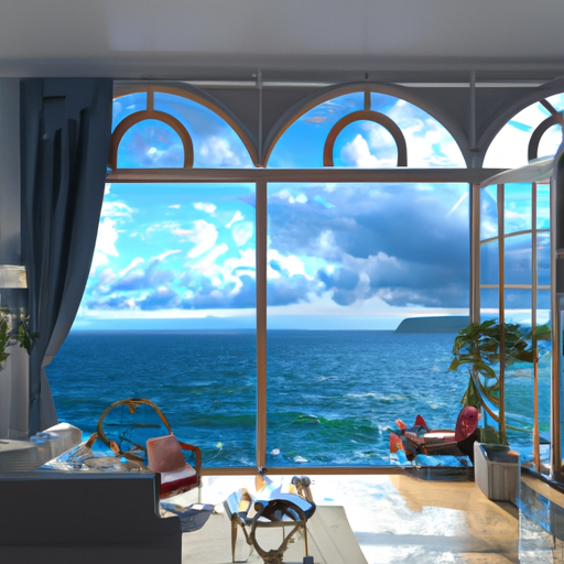 חדר מרוהט באלגנטיות עם נוף מדהים לים
