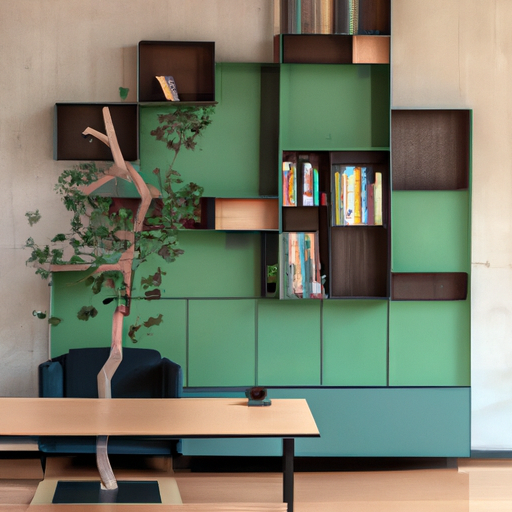 3. תמונה של מדף ספרים ייחודי בצורת עץ במשרד ביתי מודרני.