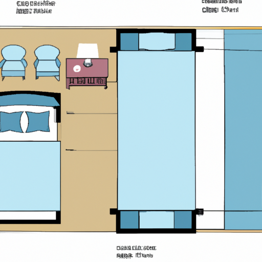 איור המציג מידות חדר שונות עם מיטה זוגית.
