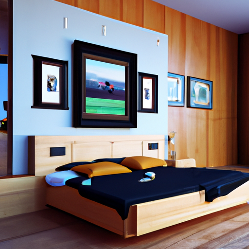 תמונה של חדר שינה מסוגנן המשקף סגנון אישי ייחודי, המודגש על ידי מסגרות התמונות בהן נעשה שימוש.