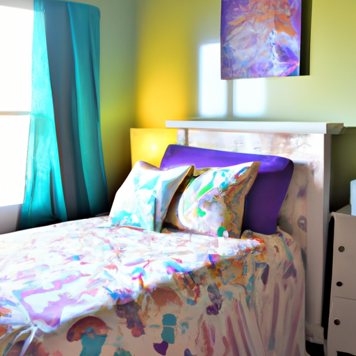 תמונה המציגה חדר שינה עם ערכת צבעים תוססת, המדגישה כיצד צבע המסגרת יכול להשלים או בניגוד לפלטה של החדר.